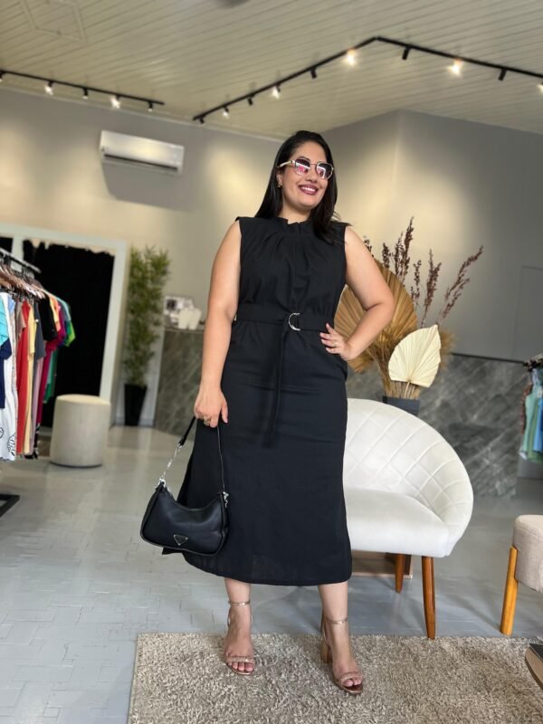 Vestido de Linho Midi Cavado com Cinto - Image 3