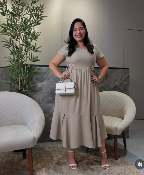 Vestido Capuccino Em Linho Elegante (G)