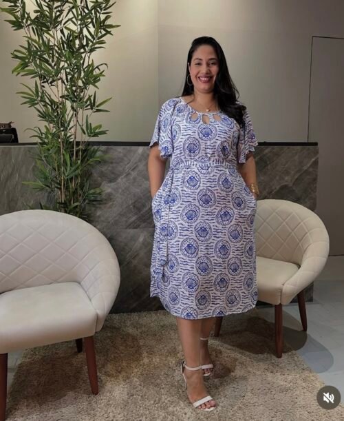 Vestido Midi Estampado Branco e Azul (G)