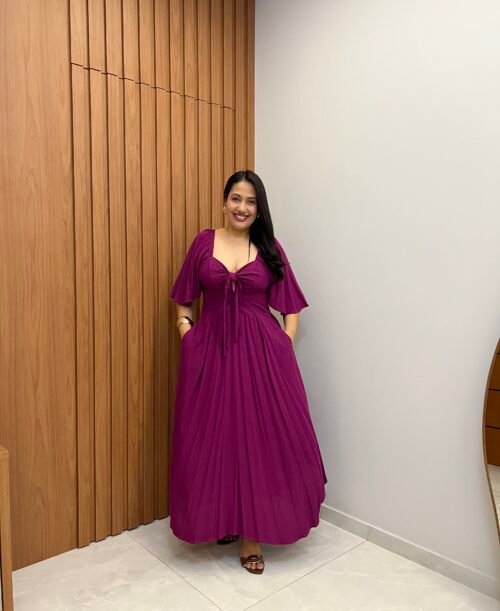 Vestido Longo Fúcsia Com Mangas Flare (G)