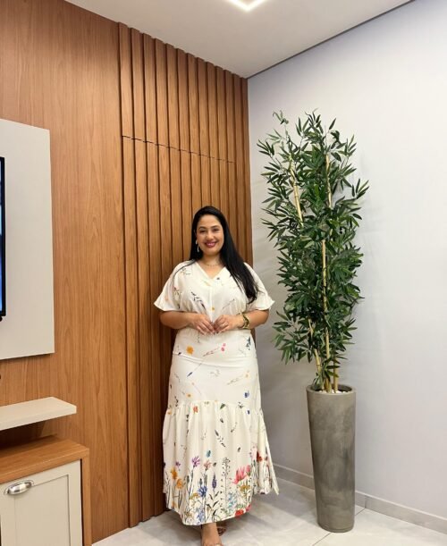 Vestido Longo Seda Floral Sofisticado (M PLUS)