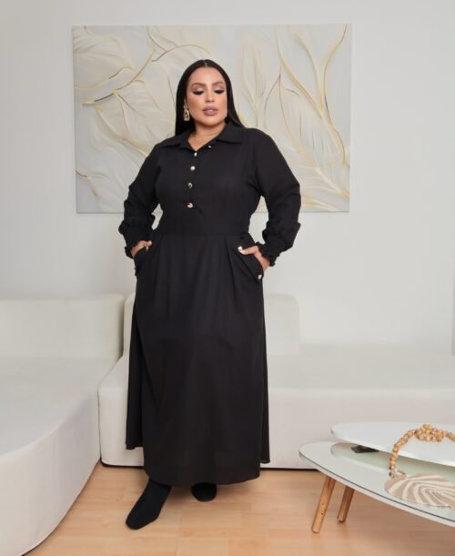 Vestido Longo Plus Size em Linho preto com Gola e Botões Frontais(G2)